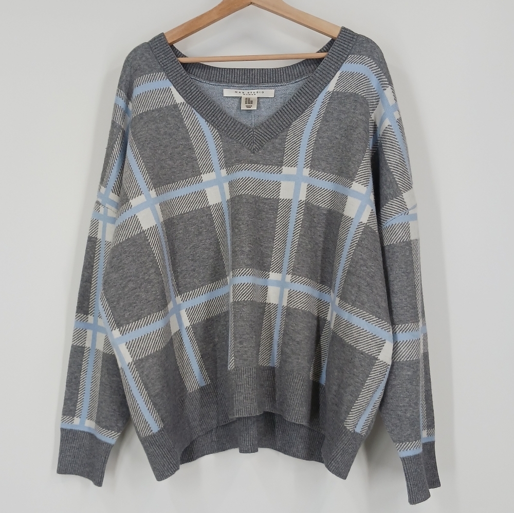 Max Studio Plaid V Neck Sweater